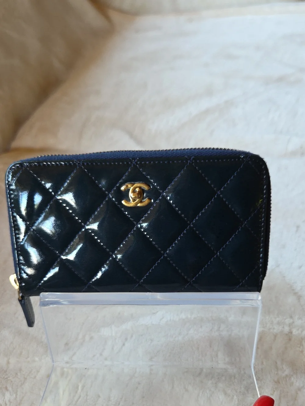 CHANEL Navy Quilted Patent Leather Zip Small Wallet with Gold CC